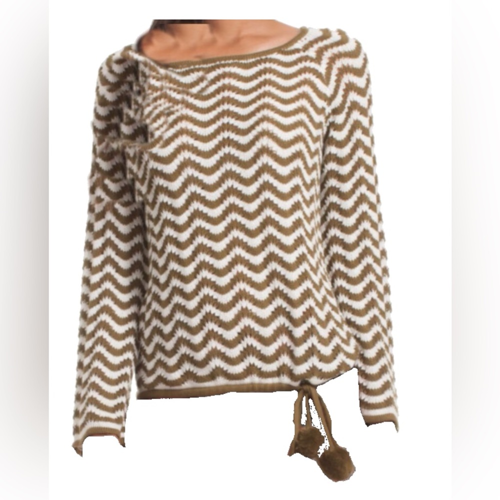 Trina Turk EUC Boho Chevron Knit Solana Sweater Olive White Pom Pom M
